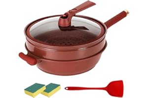 QIVINE Poêle Antiadhésive en Argile, Wok Antiadhésif en Terre Zuite avec Panier Vapeur, Poêle Wok Electrique avec Couvercle, Spatule en Silicone et 2 Éponge de Nettoyage, pour Cuisson Tout-en-1