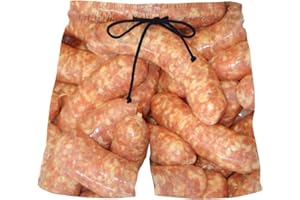 HNDB Funny Food Shorts Beach Trunks Unisexe, Shorts De Bain pour Hommes, Saucisse Porc Belly Pasta Fries Fast Food Print Shorts Vêtements Personnalisés Cosplay Party