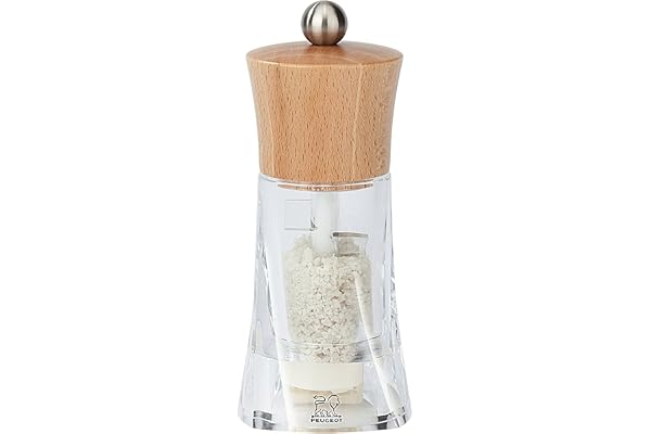 PEUGEOT - Moulin à Sel Humide Oléron 14 cm - Réglage Classique - Mécanisme Spécial Sel Humide en Céramique - En Bois Labellisé PEFC et acryl - Fabrication Française - Coloris Naturel Et Transparent