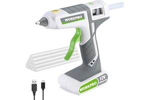 WORKPRO Pistolet à Colle Chaude Sans Fil 12 V avec 15 Bâtons de Colle 200x11mm, Batterie Lithium-ion 2000mAh, Chargement par USB Type C, Indicateur LED, Support de Base, pour Bricolage, Blanc Gris