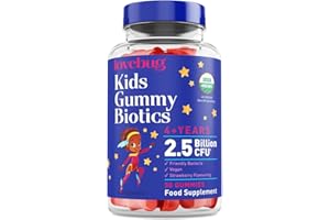Lovebug Kids Probiotic Tummy Gummies - 2.5 Billion CFU with Bacillus subtilis DE111® - USDA Organic Probiotics for Gut Health - For Children & Toddlers (Age 4+) - 30 Strawberry Flavoured Vegan Gummies