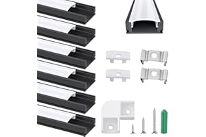 Tienily LED Aluminum Channel System with Diffuser 6 Pcs, LED Profile with Cover, End Caps Mounting Clips, Lens Aluminum Extrusion Track Housing (Black, U-Shape)