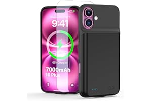 YONHUIZI Akkuhülle für iPhone 16 Plus (6,7"), 7000mAh Wiederaufladbar Batterie Ladehülle Akku mit Panzer Schutz Glas, Powerbank Hülle Zusatzakku Akku Case Akku Ladehülle Handyhülle-Schwarz