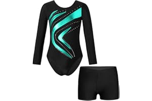 Aislor Kinder Gymnastikanzug Mädchen Glitzer Turnanzug Langarm Tanzbody mit Gymnastik Shorts Strass Turnbody Ballett Trikotbody Ballettkleidung Dancewear