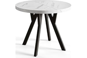 AlpiMeble Runder Esszimmertisch OVO, ausziehbarer Tisch Durchmesser: 100 cm bis 200 cm, Wohnzimmertisch Farbe: MARMUR, mit Holzbeinen in Farbe Schwarz