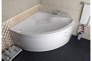 ECOLAM symmetrische Badewanne Eckbadewanne Standard Polimat Acryl weiß 120x120 cm + Schürze Ablaufgarnitur Ab- und Überlauf Automatik Füße Silikon Komplett-Set (120 x 120 cm)