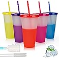 Echify Cold Cups with Lids & Straws - 5 Pack Bright Color Changing Cups 24oz Bulk Magic Tumbler Iced Coffee Cup Travel Mug - Reusable Plastic Cups Smoothie Milkshake Cup for Kids Adults