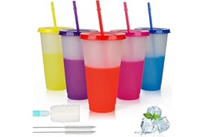 Echify Bicchieri con Cannuccia e Coperchio - Set di 5 24oz |710ML Tazza da Caffè di Ghiacciato Tazza Cambia Colore Portatile Riutilizzabile Tazze di Plastica Tazza da Frullato per Bambini Adulti Feste