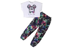 HEOXIN Juegos Ropa Niñas, 2 Piezas Camuflaje Pantalones Cintura Elástica Bolsillos Hip Hop Crop Top Street Dance Outfits, Juego Ropa Verano Dancewear Niña Pequeña, Negro/Morado, 5-12 Años