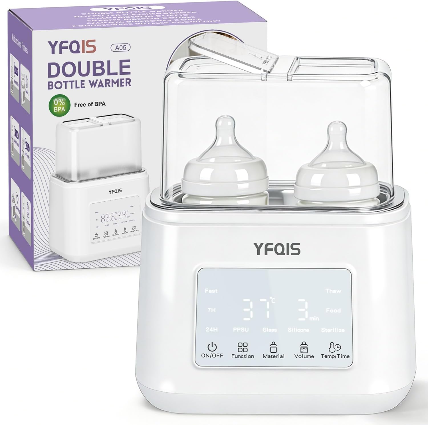 YFQIS Calienta Biberones Doble, 10 en 1 Esterilizador Biberones, Calienta/Descongela Leche Materna y Purés, Control Preciso de Temperatura, con Pantalla LCD, Temporizador, Apagado Automático,Sin BPA