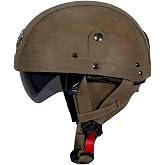YYK 701 ZN Deri Kaplama Miğfer Kask, Y&uuml;ksek Dayanımlı ABS Kabuk, Fermuarlı Boyun Korumalı Retro Askeri Tarz Chopper Cruiser S