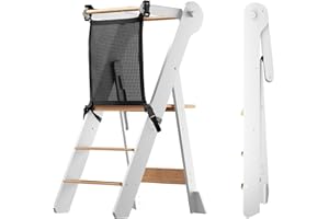 COSYLAND Foldable Toddler Standing Tower with Safety Net - Height Adjustable Folding Kid Kitchen Step Stool Helper for Learning and Cooking - Ages 18 Months to 6 Years (Natural & White)