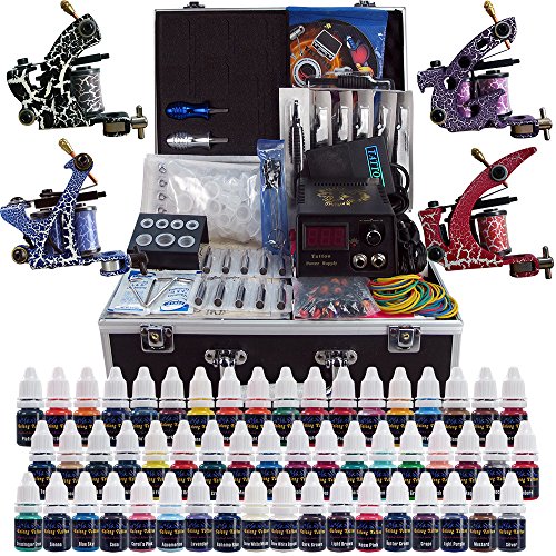 Solong Tattoo® Complete Tattoo Kit 4 Pro Machine Guns 54 Inks Power Supply Foot Pedal Needles Grips Tips Carry Case TK456