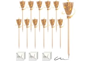 Udbrud 12 Pezzi Matite Scopa Strega Legno, Set di Forniture per Feste da Mago con Tatuaggi Temporanei, Mini Scope di Paglia Artigianali per Halloween Decorazioni Compleanni Cosplay