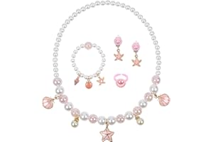 OSDUE Biżuteria dla dzieci, zestaw biżuterii z syrenką, mały dziewczęcy, naszyjnik, pierścionek, zestaw 5 sztuk, biżuteria księżniczka, gra na urodziny, Boże Narodzenie, prezent dla dziewczynki, Perła