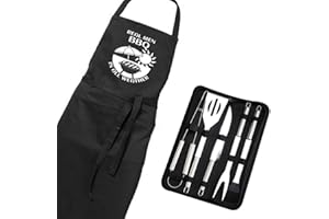 APG BBQ Tools & Men's Apron Gift Set in zipped storage bag. Black Apron with slogan ‘Real Men BBQ in All Weather'' Men's gift set for Birthdays, Christmas, Father’s Day or BBQ Occasion