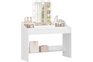 Hzuaneri 108 cm Sminkbord med Led-Belysning, Justerbar Ljusstyrka, Sminkbord med Spegel, Byrå med 2 LåDor och 2 öPpna Fack, M
