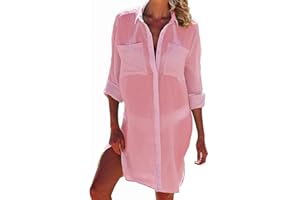 JFAN Damska narzutka na co dzień damska sukienka guzik koszula plażowa jednolity kolor odzież plażowa, różowy, Rozmiar uniwersalny