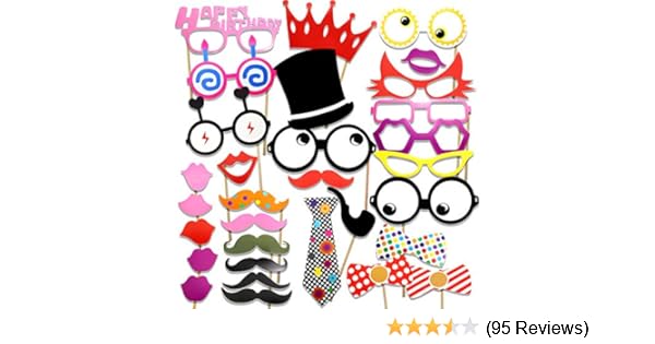 Cooloo Photo Booth Props Diy Kit For Birthday Party Pack Of 31 Various Colors Of Mustache Glasses Frames Ties Lips Crown Pipe Eyes Hat And Happy Birthday Sign Event Party Supplies Home Kitchen
