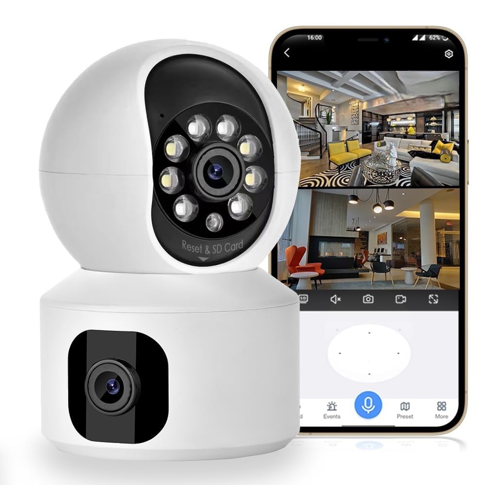 FINICKY-WORLD Dual Lens WiFi IP 360° Camera 1920 X 2160 Full HD 4mp AI (Upgraded) CCTV Night Vision Motion Sensor Two-Way Audio Micro SD Card Support Upto 128GB Monitor Nanny Security Indoor White