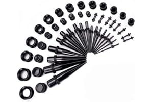 HUIANPEN Ear Stretching Kit 50 Pieces 14G-00G Ear Gauges Expander Set Acrylic Tapers and Plugs & Silicone Tunnels Body Piercing Jewelry Set with (Black)