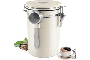 Vexillic Bote Cafe de Acero Inoxidable 304, 1.8L Tarro de Café Hermético con Cuchara Rastreador de Fecha para Cafe Grano, Cafe Molido o Té (blanco)