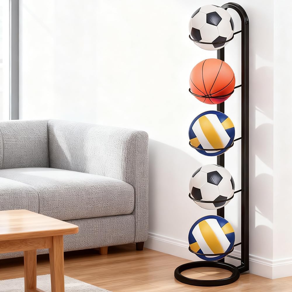 WEFHEF Soporte Balon Futbol de 5 Niveles, Soporte Pelota Baloncesto Vertical, Estante para Pelotas de Metal, Estantería de Cinco Niveles para Almacenar Pelota para Baloncesto, Fútbo (negro)
