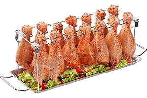 AMOZO Hähnchenschenkel Halter für 14 Keulen,Robuster Hähnchen Grill Ständer aus 100% Edelstahl,Hähnchenkeulenhalter mit Auffangschale,Spülmaschinengeeignet Hähnchenbräter.