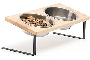 FUKUMARU Comedero Gatos Elevado, Cuenco Ajustable de Acero Inoxidable para Gatos y Perros Pequeños - Soporte de Madera de Caucho Natural con Tazón Inclinado a 15 Grados - Ideal para Dieta Sana