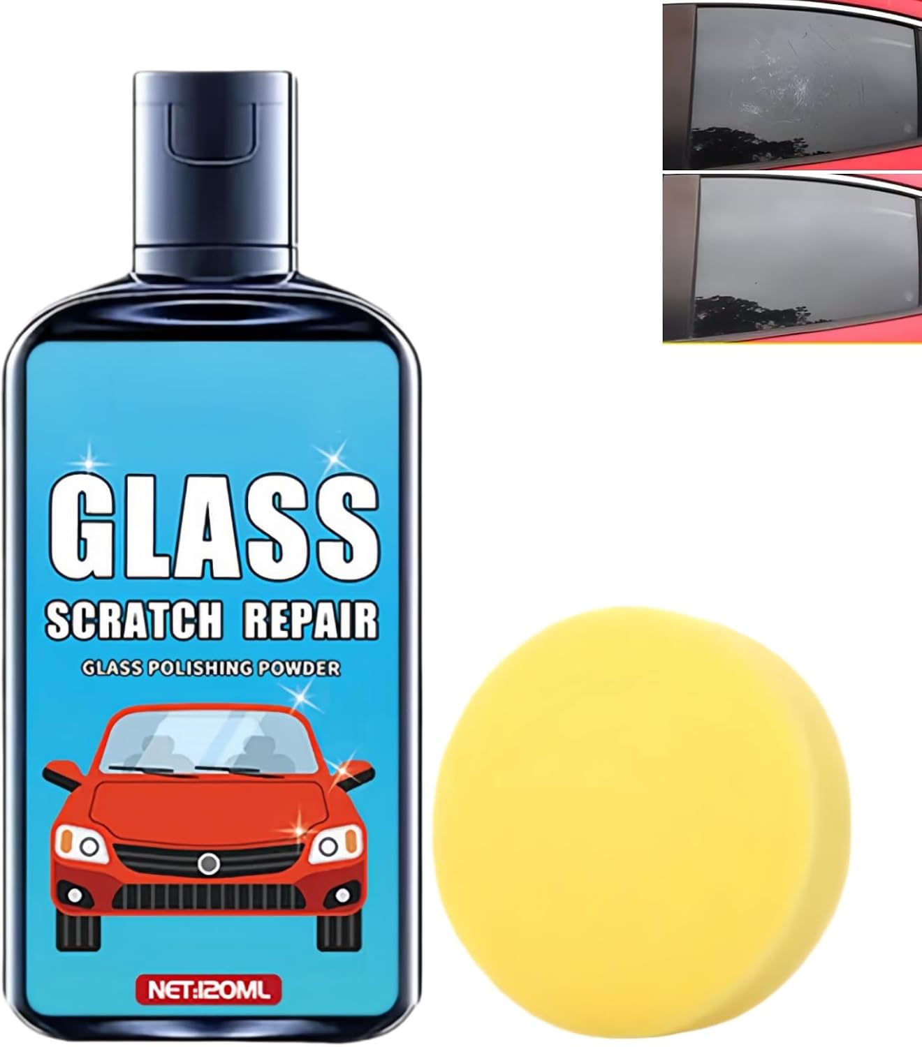 Glass Scratch Remover Kit,Window Scratch Repair with Sponge,Auto Glass Polishing Liquid,Gla/ss Repair Solution,Removes Scratches from Car Windshield & Home Gla/ss,Car Window Screen Cleaner Kit,120ml