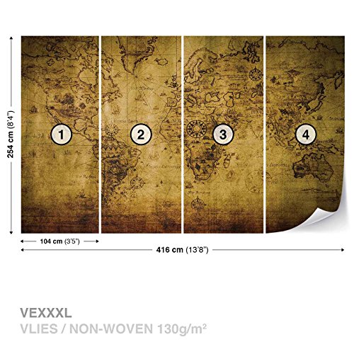 Sepia Weltkarte Vintage – Wallsticker Warehouse – Fototapete – Tapete – Fotomural – Mural Wandbild – (3600VE) – XXXL – 416cm x 254cm – VLIES (EasyInstall) – 4 Pieces - 2