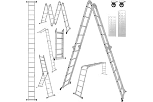 Yakimz Escalera multiusos de aluminio, 4 x 5 peldaños, 582 cm, escalera plegable con 2 placas de andamio y 2 ruedas, 20 peldaños, carga máxima de 150 kg