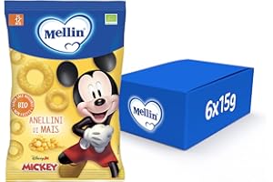 Mellin - Anellini di Mais - Snack Biologico per Bambini dal 12° Mese Compiuto - 6 Confezioni da 15 grammi (Totale 90gr)