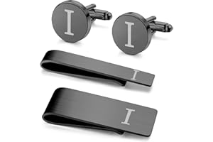 Morfetto 4 Pz in acciaio inox inciso iniziale gemelli e Tie Bar Fermasoldi Set Tie Clip Alfabeto Lettera A - Z con confezione regalo per uomo Sposo Wedding Business