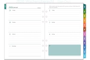 ‎HWXBEN 2026 Wochenplaner Einlage A5 6 Löcher, Deutsch, 1 Woche auf 2 Seiten mit Tabs, datiert mit Feiertagen, Extra Notizen & Kontakte, Geschäftsplaner Jan-Dez, 100g/m² Papier, Nachfüllpapier für Kalender