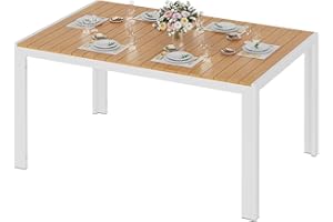 ‎LIFERUN LIFERUN Wetterfest Gartentisch Groß, 140x90x75 cm Aluminium Terrassentisch mit WPC Tischplatte, Rechteckiger Esstisch Outdoor für 6 Personen, Stabiler Garten Terrasse o Balkon Tisch, Weiß+Teak