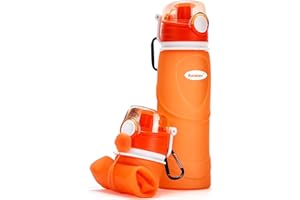 Kemier Collapsible Water Bottle, BPA Free Foldable Water Bottle for Travel, Gym, Hiking, Silicone Portable Leakproof Sports Outdoor Water Bottle with Carabiner,750ML/26OZ(Orange)