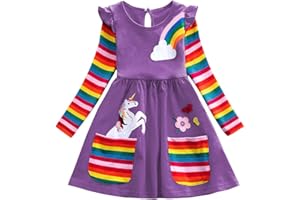SFREEBO Little Girls Dresses Rainbow Long Sleeve/Sleeveless Dress Girls Cotton Pocket T-Shirt Dress Kids Winter/Summer Stripe Dress with Unicorn Flowers Print 3-8 Years