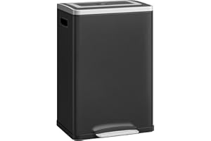 HOMCOM Poubelle à double compartiment 2 x 20L, poubelle de cuisine à pédale, 2 seaux intérieurs amovibles, couvercle à fermeture en douceur et poignées intégrées, anti-traces, acier inoxydable, noir