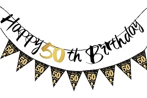 KELTRA 50th Birthday Decorations,Happy 50th Birthday Banners Black And Gold Party Decoration Bday Banner Bunting Ceiling Topper Paper Backdrop Party Decs for Him Boy Girls Men Women Friends
