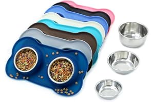 VIVAGLORY Hundenapf Fressnapf Lebensmittel Wassernapf Edelstahl Doppel Napf mit Nicht Kleckern Rutschfesten Silikon Tablett Matte, Navy blau, Mittel
