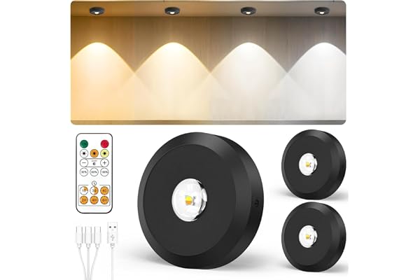 JVURICE Spot Sans Fil Puck Light Petits Spots Lumineux Lampe Lumic Reglette Led Sans Fil 180H 3000k/4500k/6000k Dimmable Rechargeable Minuterie Telecommande Rond Lumiere Pour Cuisine,Armoire,Vitrine