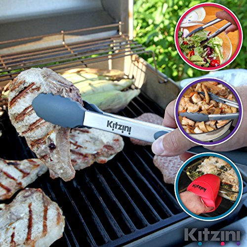 KÜCHENZANGE aus edelstahl mit silikon, der praktische Küchenhelfer zum Kochen + Grillen, hitzebeständige, antihaft-beschichtete Pfannenzange oder Spaghettizange, 2 Stück mit Silikon-Ofenhandschuh - 6