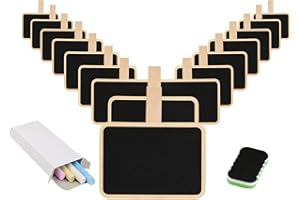 KAKOO 16 Mini Holz Kreidetafel mit Klammer, Klein Tafel Memotafel als Namenschilder Buffer Schilder für Hochzeit Party Geburtstag Hause Tischdeko mit Kreide und Löscher