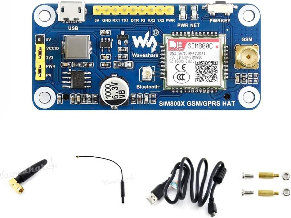GSM/GPRS/Bluetooth HAT for Raspberry Pi 3B+/3B/2B/Zero/Zero W Based on SIM800C, Allow Pi to Send Messages, Connect to Wireless Internet, Transfer Data via Bluetooth, UART Interface