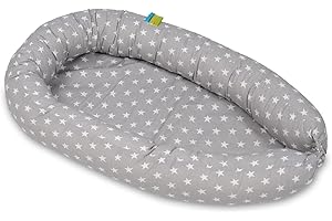 Velinda Baby nest, cushion, soft,0-8 months, snuggly,Baby sleeping, newborn, 100% cotton (pattern: white and grey stars)