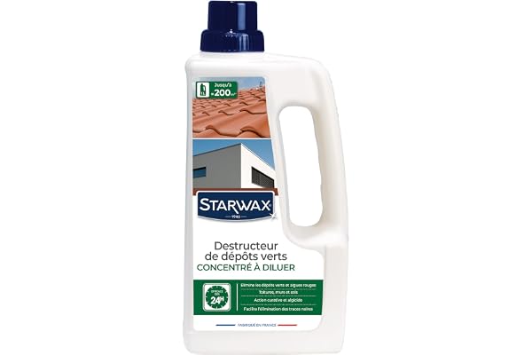 STARWAX - Destructeur de Dépôts Verts Concentré à Diluer - Elimine en Profondeur les Dépôts Verts, Lichens et Algues -Toitures, Murs et Sols - Sans Rinçage -Efficace dès 24h - Fabriqué en France - 1l