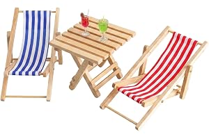 Cheynn Miniatyr dockhus liggstolsset, 5 stycken 1:12 strand mikrolandskap, trä, mini, strandstol, dekoration, litet bord, minivinglas, dockhus, tillbehör för gör-det-själv Zen, trädgård, strand, pool