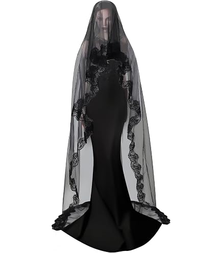 Caiguoer Velo da sposa in pizzo nero, velo da sposa gotico a 2 livelli, velo da sposa con pettine, velo per feste di Halloween, velo per cosplay