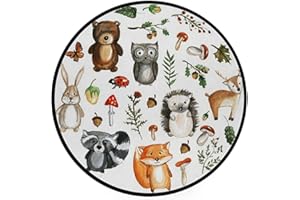 Vantaso Kids Round Nursery Area Rug Cute Woodland Animals 5 Ft Non Skid for Children's Bedroom Playing Room